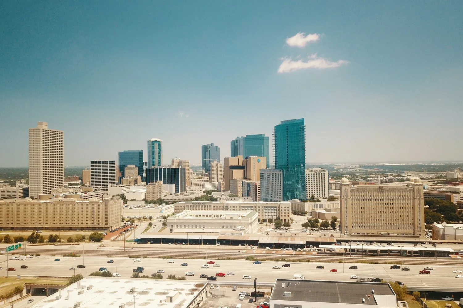 Aerial view of the downtown Fort Worth skyline on a clear day