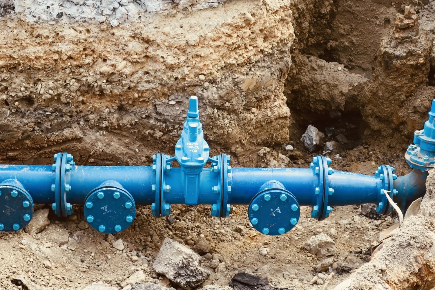 Blue water line and valves exposed in an excavated trench